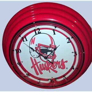 Huge Nebraska Huskers Neon Wall Clock 24" Red White Light Up Neon